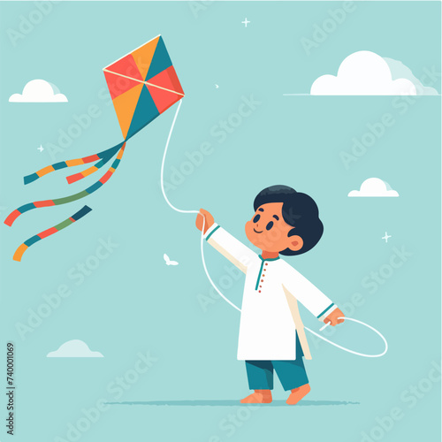 happy little boy playing colorful kite cartoon character illustration