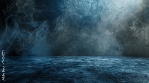 Abstract technology background, Empty dark blue cement floor, studio room with smoke floating up the interior texture, wall background, spotlights,