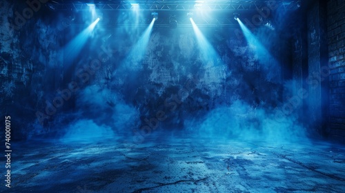 Abstract technology background, Empty dark blue cement floor, studio room with smoke floating up the interior texture, wall background, spotlights,