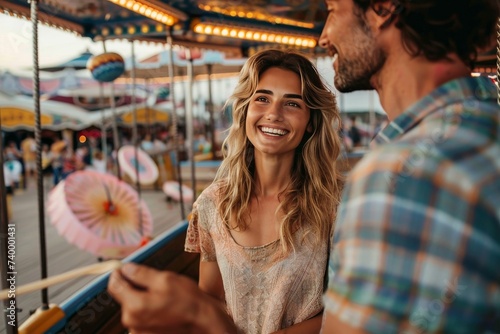 A man and woman share a joyful moment, their faces beaming with happiness as they ride the colorful carousel under the open sky, his glasses glinting in the sunlight while her flowy dress sways in th