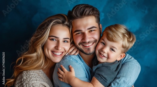 Portrait of parents and newborn baby. Father and mother kiss and hug a beautiful newborn child.