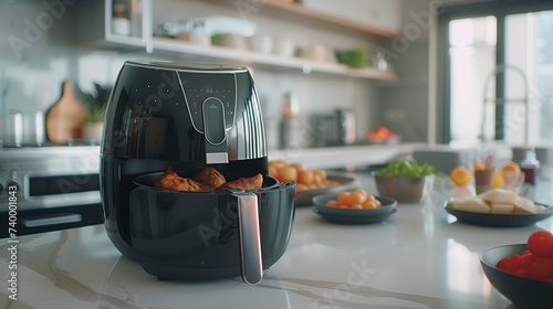 close up of a black air fryer on the kitchen island photo