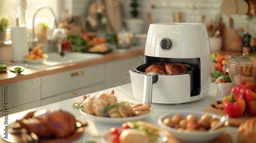 close up of a white air fryer on the kitchen island photo
