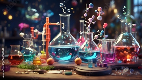 Interesting background illustration of a chemical bottle on lab with colorful liquids in it photo