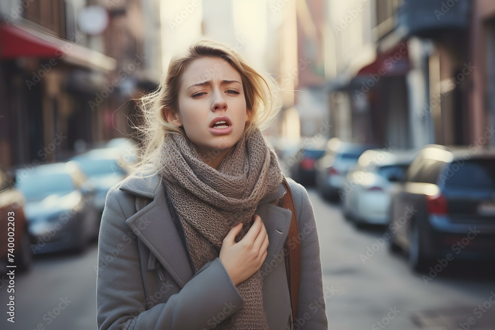 Symptoms of Illness: Young Woman Coughing on the Street. Concept Illness symptoms, Coughing, Young woman, Street, Health awareness Symptoms of Illness: Young Woman Coughing on the Street. Concept Illness symptoms, Coughing, Young woman, Street, Health awareness