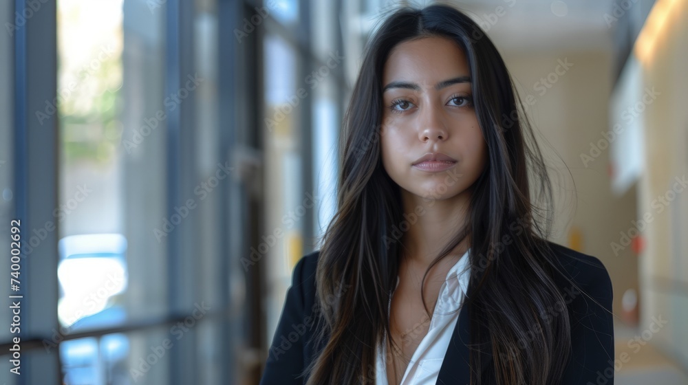 Naklejka premium Confident business grad student mba degree success driven female brunette hispanic businesswoman, executive, layer, future CEO