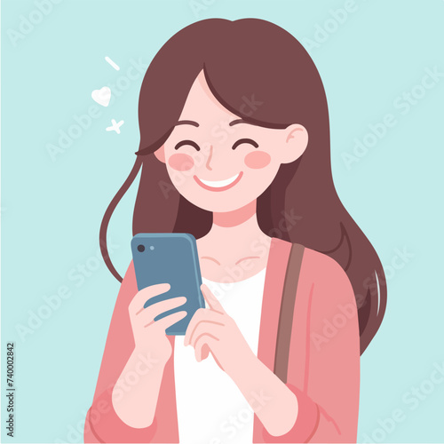 beautiful girl smiles happily looking at her mobile phone cartoon character illustration
