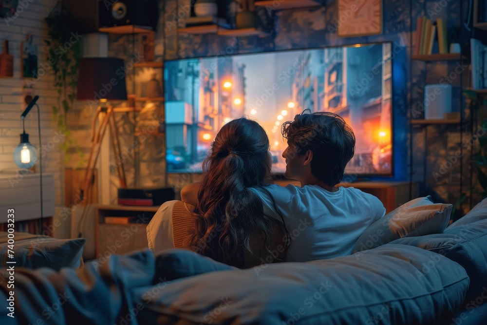 A couple cozily cuddled on their couch in a warm and inviting living room, watching their favorite show on the television while the flickering fireplace adds to the comfortable ambiance A couple cozily cuddled on their couch in a warm and inviting living room, watching their favorite show on the television while the flickering fireplace adds to the comfortable ambiance