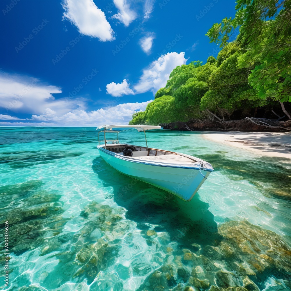Boat on the sea. Amazing view of the boat and clear water.