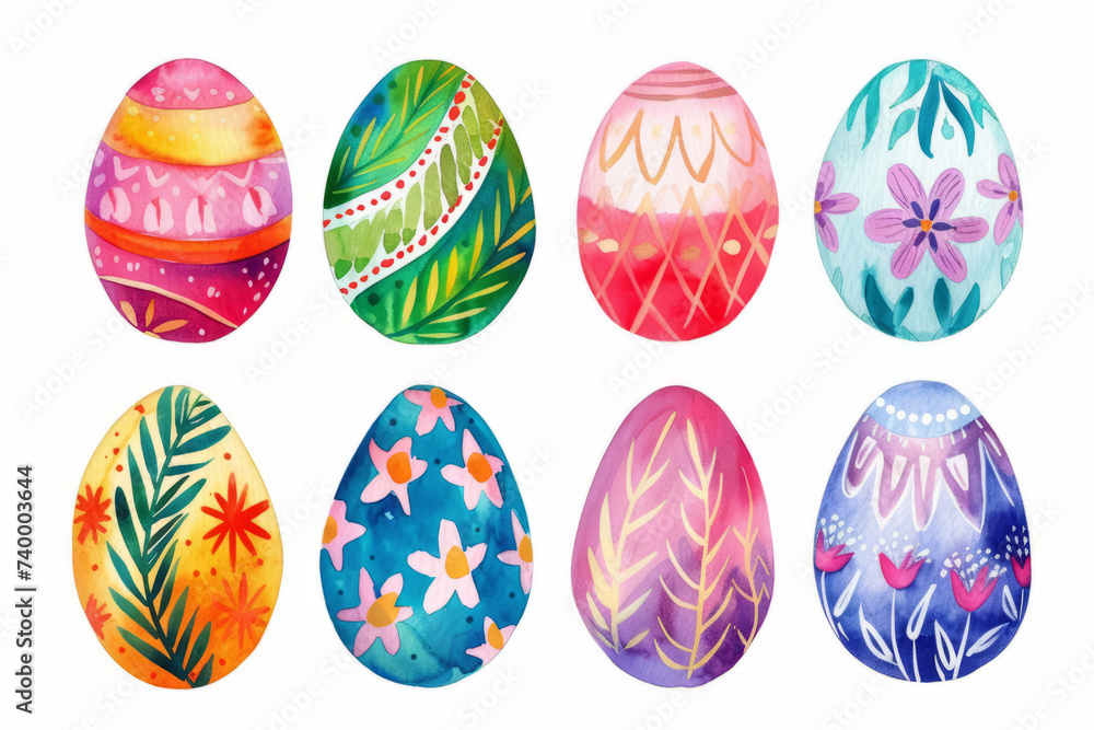 set of colorful Easter eggs isolated on white, watercolor Easter egg decorations in bright colors