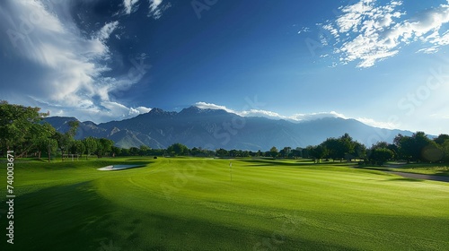 Golf course with mountain and blue sky background.