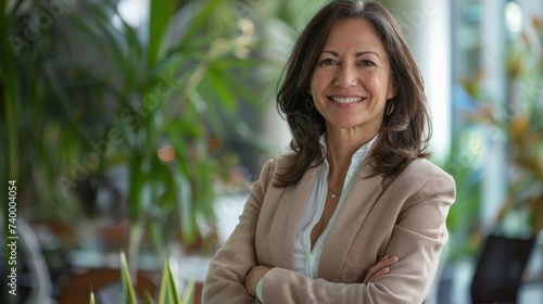 Happy cheerful 45 year old Latin professional mid aged business woman corporate leader, smiling positive mature female executive manager standing in office arms crossed looking at camera, portrait photo