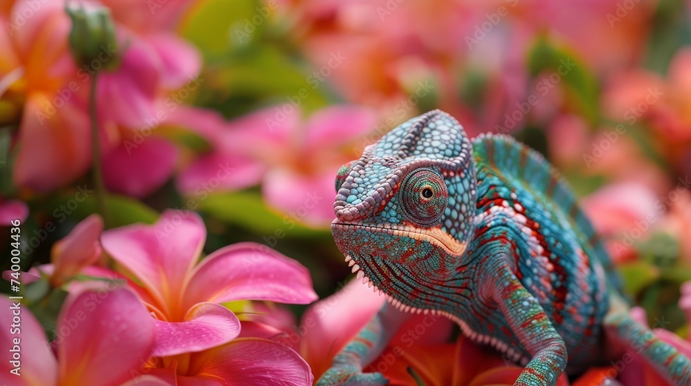 Obraz premium A camouflaged chameleon changing colors among tropical flowers