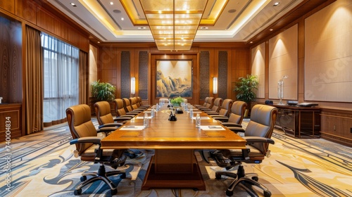 High level meeting of excutive room is decorated with stylish table and chairs around. Conference room is ready for next level of executive meeting. photo