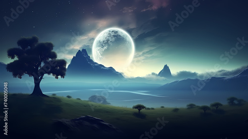 Lunar landscape with full moon in night sky