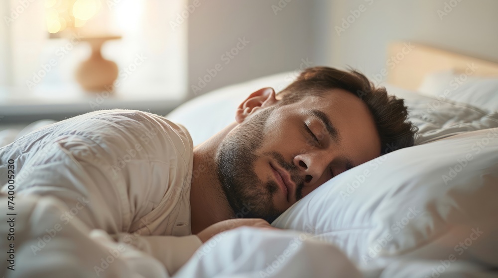 Man, sleeping and bed in morning rest for healthy wellness, peace and quiet on comfort pillow at home. Man, sleeping and bed in morning rest for healthy wellness, peace and quiet on comfort pillow at home.