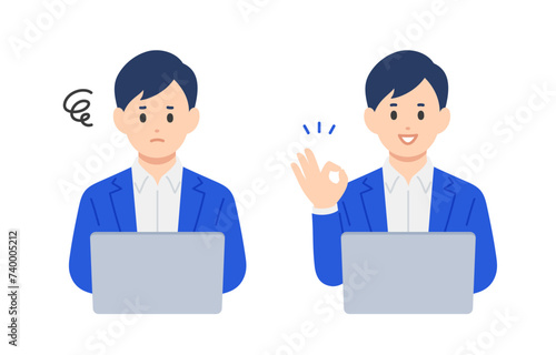 パソコンを見て悩む･OKポーズをするビジネスパーソン男性のセット【人物ベクターイラスト素材】