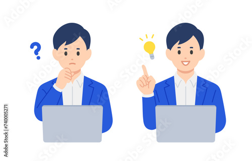 パソコンを見て疑問を持つ･ひらめきのポーズをするビジネスパーソン男性のセット【人物ベクターイラスト素材】