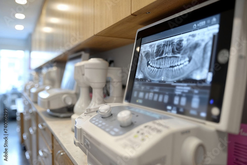 Dental X-ray machine with teeth image on display Generative AI image photo