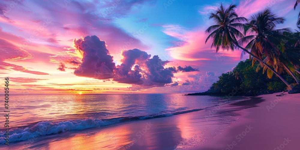 Evening serenity at beach with palm trees capturing picturesque sunset over sea perfect landscape for travel and sense of paradise with sandy shores and ocean waves ideal for summer holidays - obrazy, fototapety, plakaty 