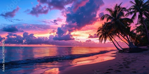 Evening serenity at beach with palm trees capturing picturesque sunset over sea perfect landscape for travel and sense of paradise with sandy shores and ocean waves ideal for summer holidays © Thares2020