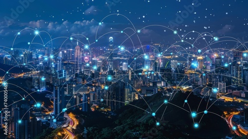 Modern city with wireless network connection and city scape concept.Wireless network and Connection technology concept with city background at night