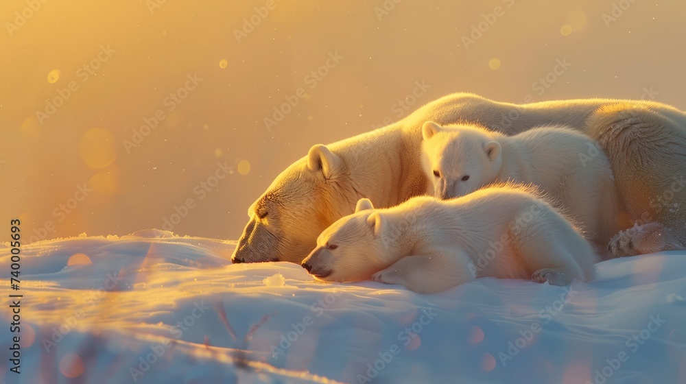 Obraz premium polar bear family, mother and baby together relax on snow. clean and bright white snowfield background with golden sun light