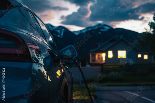 Charging Electric Vehicle at Dusk in Mountain Residential Area