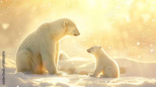 polar bear family, mother and baby together relax on snow. clean and bright white snowfield background with golden sun light photo