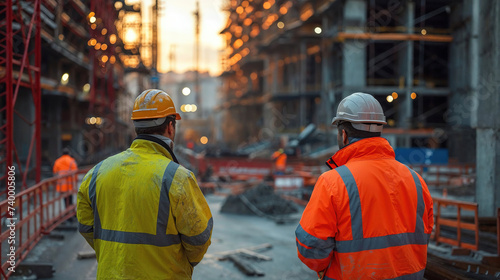 Generative AI illustration of two anonymous construction supervisors in reflective vests and hard hats overseeing a construction site at dusk photo