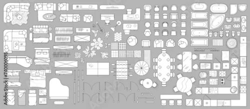 Obraz Set of linear icons. Interior top view. Vector Illustration. Floor plan icons set for design interior and architectural project