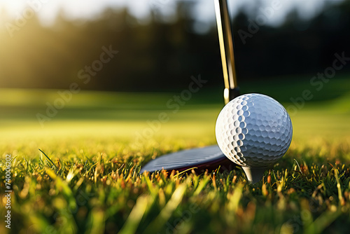 Close-up of golf ball on tee with club at sunset Generative AI image photo