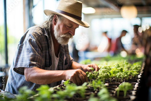 Senior man tending to urban greenhouse plants Generative AI image photo