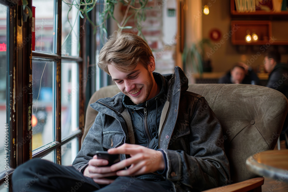Obraz premium Caucasian young smiling man using a smartphone while sitting in a soft chair in a cafe. AI generative