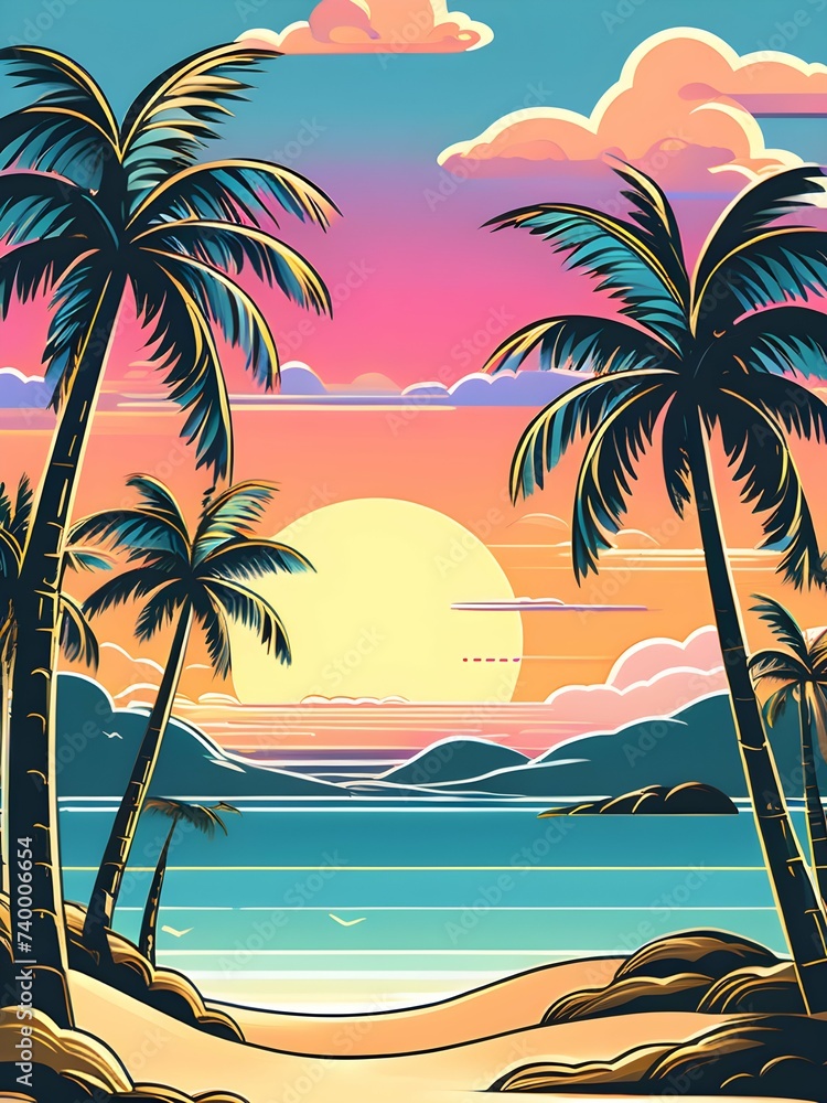 Palm Trees Against Serene Sky, Sunset, Digital Painting