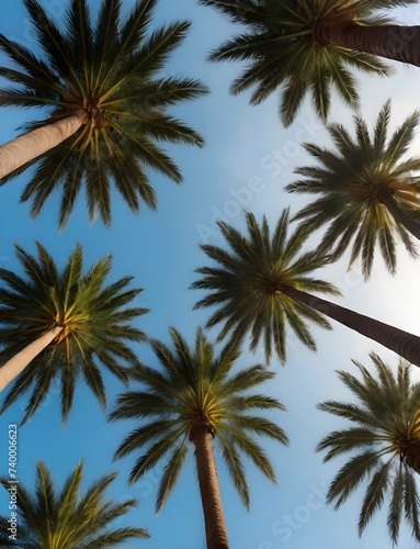 Underneath View of the Towering Palm Trees Under Azure Sky © AI-deas