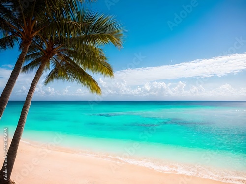 Palm Trees on the Beach Against Serene Sky and Azure Ocean © AI-deas