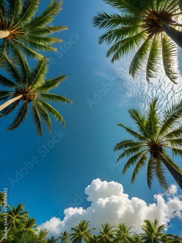 Towering Palm Trees Under Azure Sky and Fluffy Cloudes