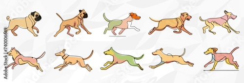 Verschiedene laufende Hunde: Pastellfarbene Lineart-Vektorgrafik-Bundle