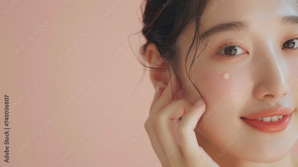 Skincare. Woman with beautiful face touching healthy facial skin portrait. Beautiful smiling Asian girl model with natural makeup enjoys glowing hydrated skin on beige background closeup. Skincare. Woman with beautiful face touching healthy facial skin portrait. Beautiful smiling Asian girl model with natural makeup enjoys glowing hydrated skin on beige background closeup.