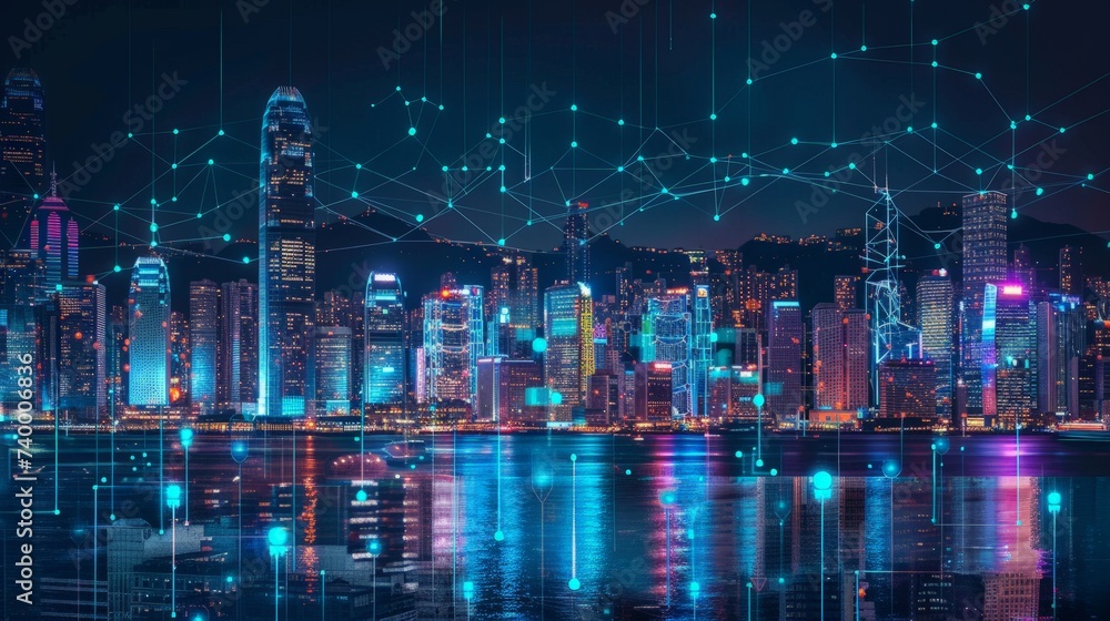 Smart network and Connection technology concept, Hong Kong digital city background at night in victoria harbour