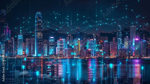 Smart network and Connection technology concept, Hong Kong digital city background at night in victoria harbour © chanidapa
