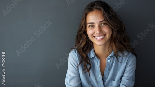 Smiling brunette businesswoman sitting against gray background. Confident female professional is wearing blue shirt. She is having brown hair