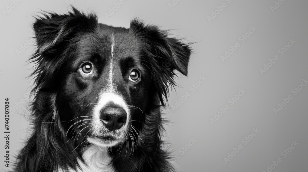 studio headshot portrait of black and white dog tilting head looking forward against a light gray background studio headshot portrait of black and white dog tilting head looking forward against a light gray background