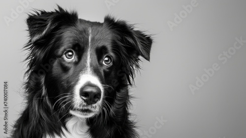studio headshot portrait of black and white dog tilting head looking forward against a light gray background © chanidapa