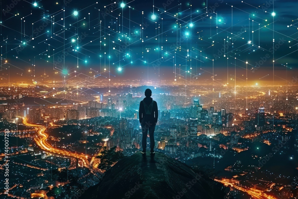 Businessman standing backdrop of futuristic city at night powerful success and vision in modern world showcasing professional in suit looking out over urban landscape illuminated by lights Businessman standing backdrop of futuristic city at night powerful success and vision in modern world showcasing professional in suit looking out over urban landscape illuminated by lights