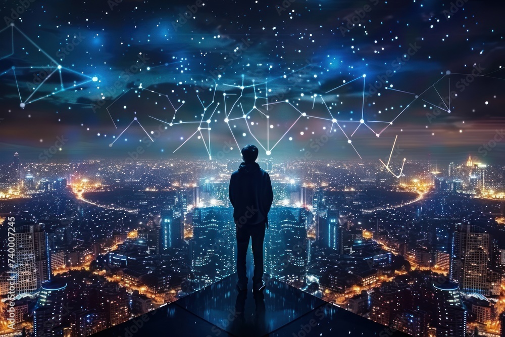 Businessman standing backdrop of futuristic city at night powerful success and vision in modern world showcasing professional in suit looking out over urban landscape illuminated by lights Businessman standing backdrop of futuristic city at night powerful success and vision in modern world showcasing professional in suit looking out over urban landscape illuminated by lights