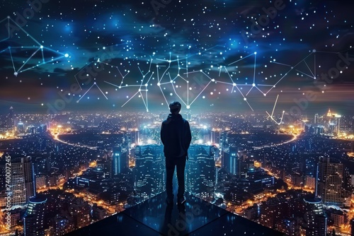 Businessman standing backdrop of futuristic city at night powerful success and vision in modern world showcasing professional in suit looking out over urban landscape illuminated by lights