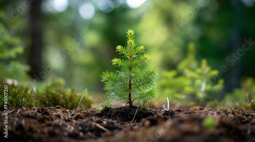 Obraz na płótnie Germinating new pine tree sprout, reforestation efforts. Planting new trees, environment care. w salonie