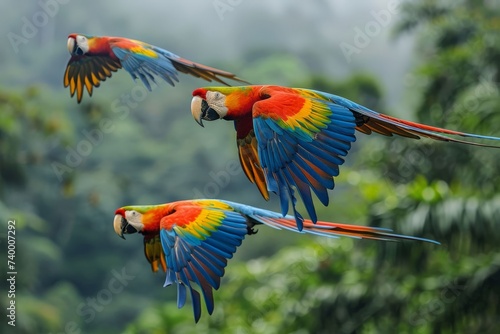 A group of colorful macaws flying over a lush rainforest canopy, vivid colors against the green backdrop © arhendrix